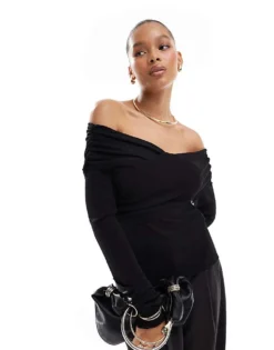 Pieces Off The Shoulder Wrap Long Sleeved Top In Black For Women