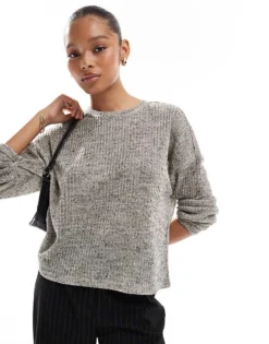 Pieces Lightweight Loose Long Sleeve Knitted Top In Grey For Women