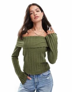 Pieces Off The Shoulder Ribbed Long Sleeve Top With Lettuce Edge Detail In Khaki For Women
