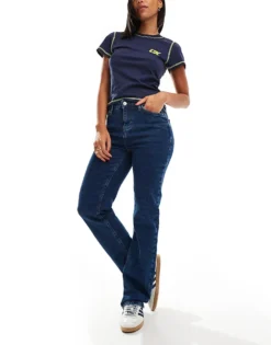 Pieces Kelly Mid Rise Straight Leg Jeans In Dark Blue Denim For Women