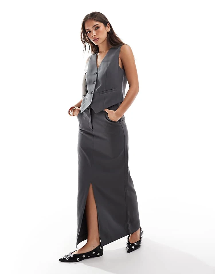Pieces Tailored Slit Front Maxi Skirt And Waistcoat Co-ord In Magnet Grey - Image 4