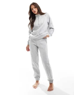 Pieces Half Zip Sweat & Jogger Co-ord With Tie Waist In Light Grey Melange