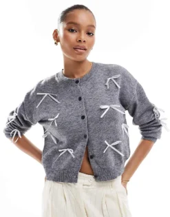 Pieces Ribbon Bow Cardigan In Medium Grey Melange For Women