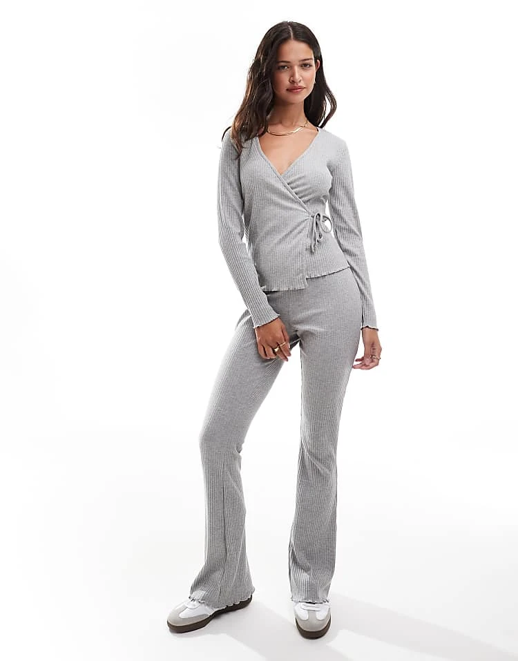 Pieces Wellness Mix & Match Lettuce Edge Flared Jersey Trouser, Vest Top And Wrap Front Cardigan In Light Grey