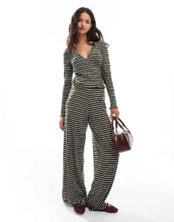 Pieces Wide Leg Ribbed Jersey Trouser And Wrap Top Co-ord In Khaki Stripe
