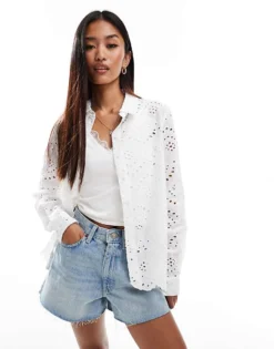 Pieces Broderie Shirt With Scallop Hem Detail In White For Women