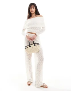 Pieces Lace Off Shoulder Top And Trouser Co-ord In Cream