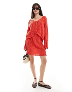 Pieces Plisse Tie Front Top And Mini Skirt Co-ord In Red