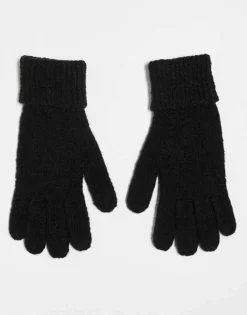 Pieces Pyron Fluffy Ribbed Gloves In Black For Women