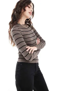 Pieces Chunky Ribbed Knit Long Sleeve Top In Brown Stripe For Women