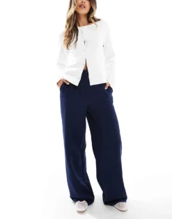 Pieces Wide Leg Dad Trousers With Belt Loops In Navy For Women