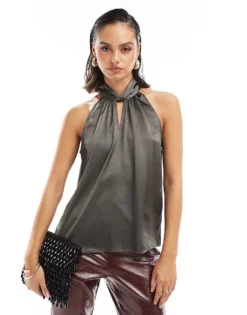 Pieces Satin High Neck Key Hole Detail Top In Grey For Women