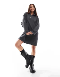 Pieces Half Zip Sweat Mini Dress In Dark Grey For Women