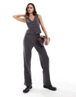 Pieces Structured Jersey Waistcoat And High Waisted Trousers Set In Magnet Grey