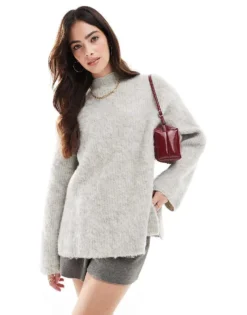 Pieces Premium Longline Fluffy Knit Jumper With Wide Cuffs In Light Grey Melange For Women