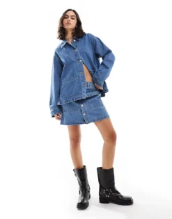 Pieces Utility Denim Mini Skirt Co-ord In Medium Blue For Women Med Blue