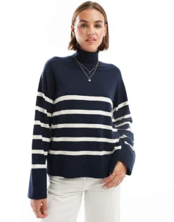 Pieces Amelia Roll Neck Jumper In Navy And White Stripe For Women Navy Stripe