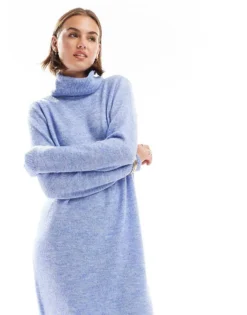 Pieces Roll Neck Midi Jumper Dress In Hydrangea Blue For Women