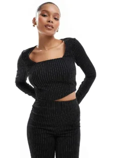 Pieces Jersey Long Sleeved Co-ord In Black Pinstripe For Women