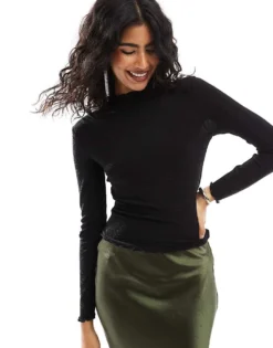 Pieces Long Sleeve Lettuce Edge Top In Silver Glitter For Women