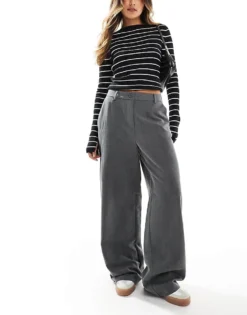 Pieces Wide Leg Dad Trousers With Belt Loops In Grey For Women