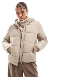 Pieces Padded Coat With Hood In Soft Beige For Women