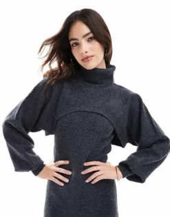 Pieces Knitted Roll Neck Cropped Jumper Co-ord In Charcoal For Women