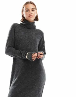 Pieces Roll Neck Maxi Jumper Dress In Dark Grey Melange For Women