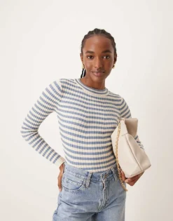 Pieces Chunky Ribbed Knit Long Sleeve Top In Denim Blue Stripe For Women Med Blue