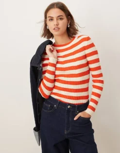 Pieces Chunky Ribbed Knit Long Sleeve Top In Bold Orange Stripe For Women