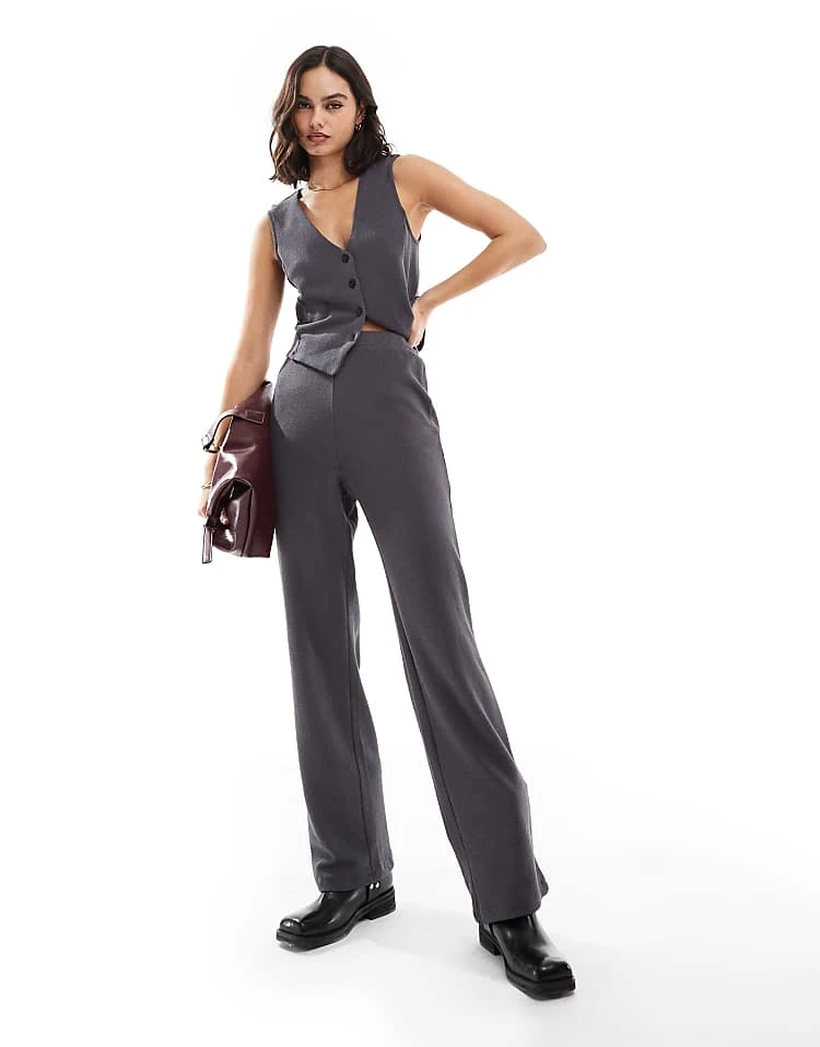 Pieces Structured Jersey Waistcoat And High Waisted Trousers Set In Magnet Grey - Image 4