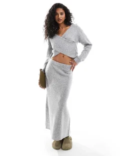 Pieces Knitted Wrap Front Jumper And Maxi Skirt Set In Light Grey