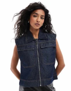 Pieces Zip Up Denim Waistcoat In Dark Blue Wash For Women