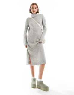 Pieces Roll Neck Maxi Jumper Dress In Light Grey Melange For Women