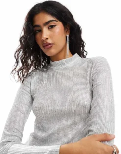 Pieces Long Sleeve Textured Top In Silver For Women