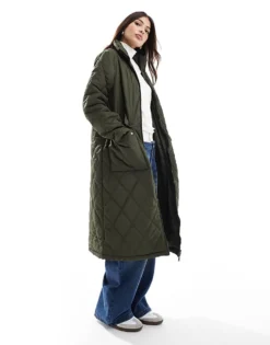 Pieces High Neck Quilted Longline Coat In Khaki Green For Women