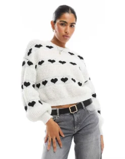 Pieces Patterned Heart Knit Jumper In Mono For Women White