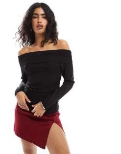 Pieces Long Sleeve Off Shoulder Top In Black Glitter For Women