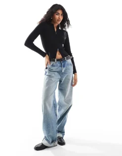 Pieces Ribbed Knit Jumper With Double Zip In Black For Women