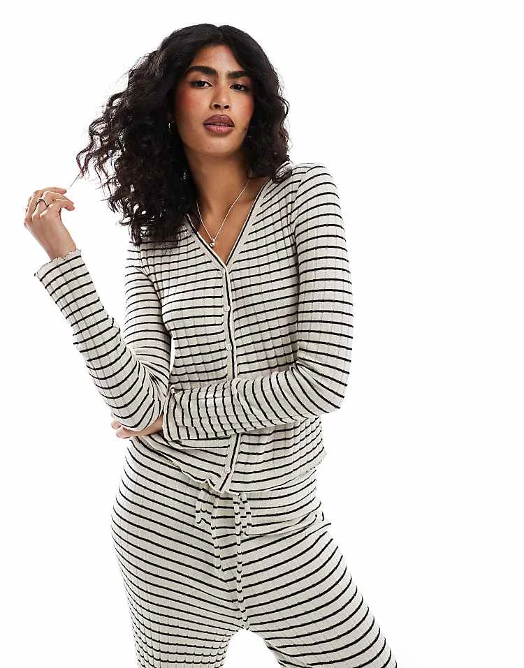 Pieces Long Sleeved Jersey Cardigan And Trouser Set In Mono Stripe - Image 3