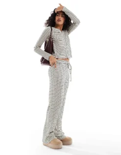 Pieces Long Sleeved Jersey Cardigan And Trouser Set In Mono Stripe