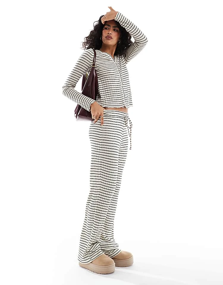 Pieces Long Sleeved Jersey Cardigan And Trouser Set In Mono Stripe
