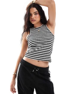 Pieces Ribbed Racer Neck Top In Mono Stripe For Women Black & White Stripe