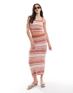 Pieces Super Soft Knitted Crop Top And Maxi Skirt Co-ord In Brick Stripe