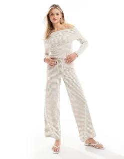 Pieces Ribbed Bandeau Top And Wide Leg Trouser In Beige Stripe