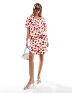 Pieces Blouson Top And Shorts Co-ord In Tomato Girl Print