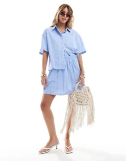 Pieces Cotton Stripe Shirt And Skirt In Blue