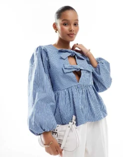 Pieces Peplum Hem Tie Front Top In Blue Stripe For Women Marina