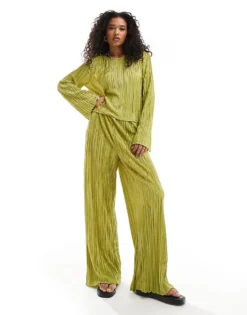 Pieces Plisse Flared Sleeve Top And Wide Leg Trouser Co-ord In Green