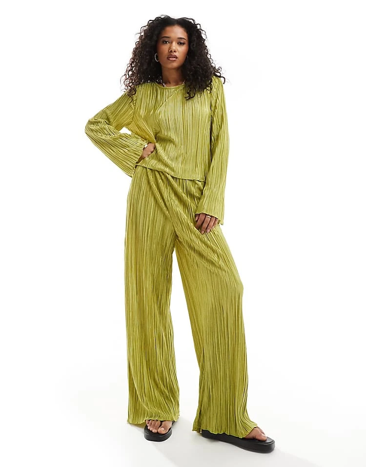 Pieces Plisse Flared Sleeve Top And Wide Leg Trouser Co-ord In Green